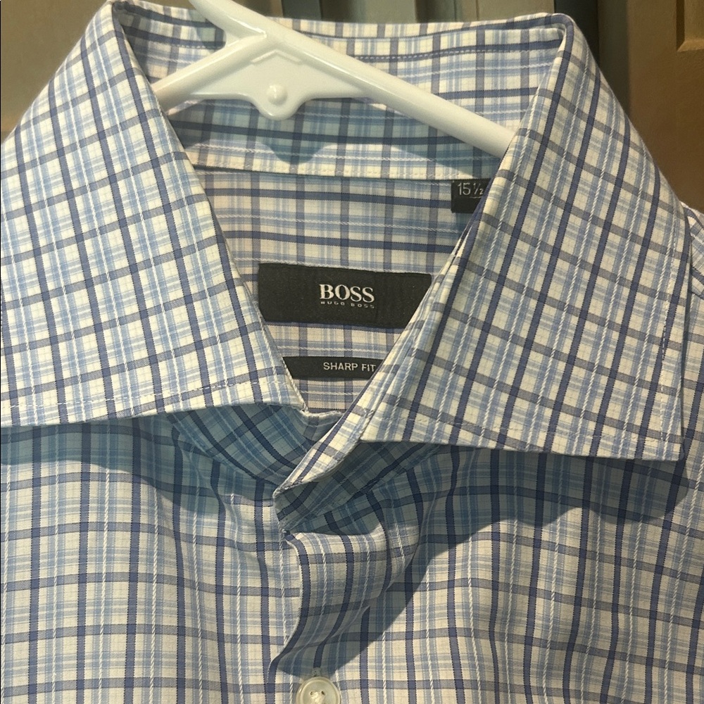 Boss Men's Sharp Fit Blue and White Plaid Shirt